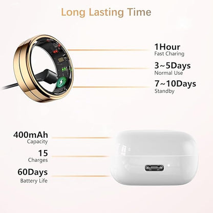 Fit Ring for Women Men, Ring Health Tracker with Heart Rate,Blood Oxygen,Heart Rate Variability, Stress, Sleep Monitor, Step Counter, Smart Ring for iPhone & Android, No Subscription Fee (Gold, 13#)