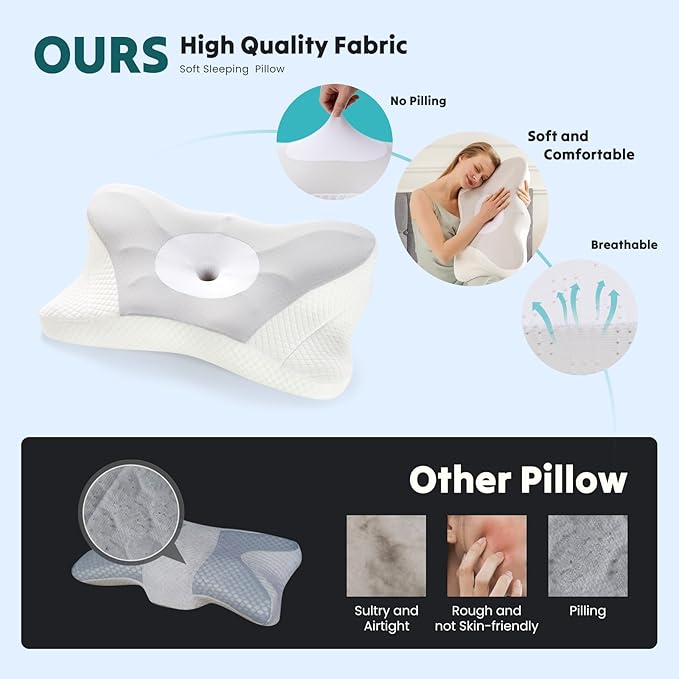 DUMOS Cervical Neck Pillow, Cooling Ergonomic Memory Foam Pillows for Neck Pain Relief with Breathable Pillowcase, Dual Height Orthopedic Support Contour Pillow for Side, Back, Stomach Sleepers, Grey
