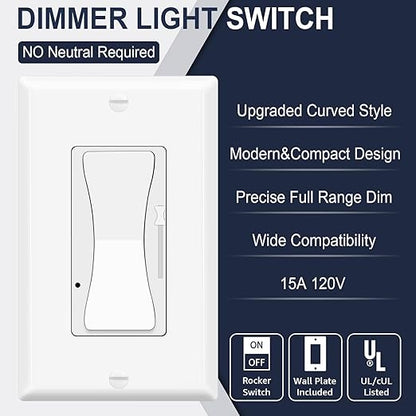 Dimmer Light Switch,Greencycle 2PK Single Pole/3 Way Dimmer Switch for Dimmable 150W LED CFL Light,600W Halogen and Incandescent,15A 120V,Neutral Wire Not Required,Residential/Commercial,ETL Listed