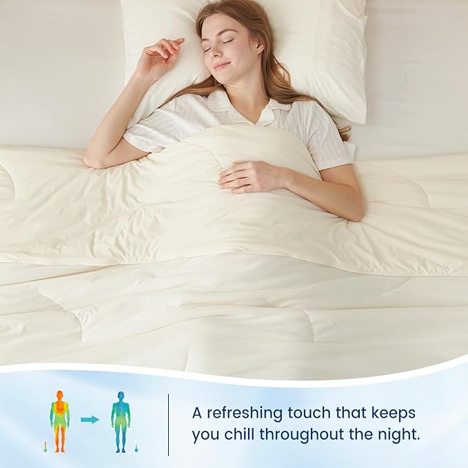 Cozy Bliss Deluxe Dual-Sided Cooling Comforter Queen Size, Ultra-Soft Lightweight Breathable Silky Cooling Blankets with Q-Max>0.45 for Bedroom, Hot Sleepers & Night Sweats, Snow Ivory, 90"x90"