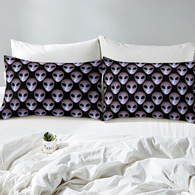 Alien Bed Sheet Set 3 Pieces,Outer Space Alien Mysterious Bedding Set(No Flat Sheet),Watercolor Purple Blue Marble Paint Trippy Fitted Sheet,2 Pillow Cases,Full Size