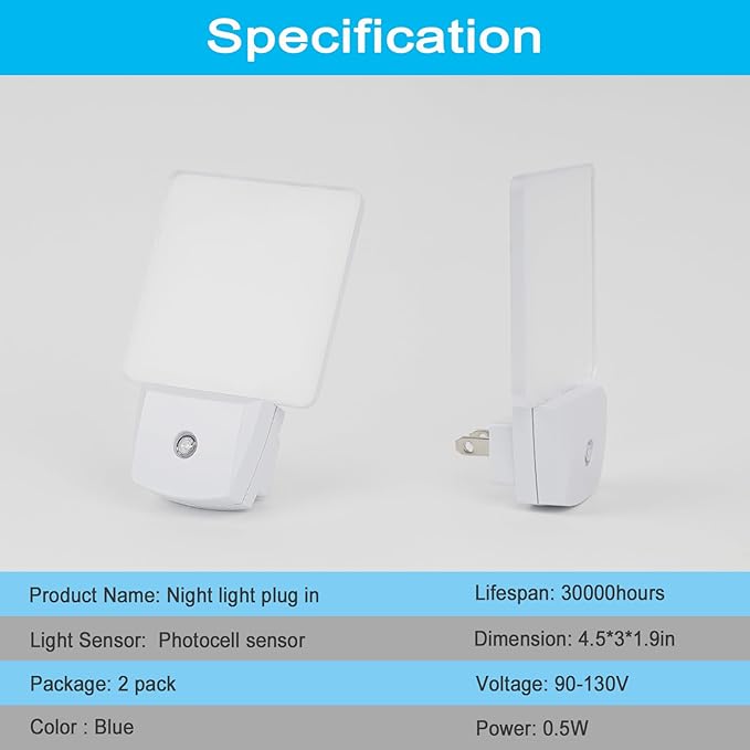 2 Pack 0.5W Plug in LED Night Light with Dusk to Dawn Sensor Blue