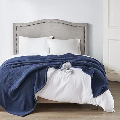 Serta Reversible Fleece to Sherpa Electric Blanket, Fast Heating, Auto Shut Off Timer, Multi Heat Setting, ETL Certified, Machine Washable, Blue Full 84"x 77"