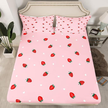 Red Strawberry Kids Fitted Sheet Full Size,Love Heart Sweet Princess Style Bedding Set,Girls Women Room Decor,Tropical Fruits Strawberry Bed Cover,Pink Romantic Bed Sheet,2 Pillowcases