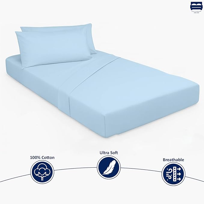 Cot Sheet and Pillow Case 4 Piece Set - 1 cot Fitted Sheet 33" x 75", 1 cot Flat Sheet 64"x 94", 2 Pillow Cases 20"x 30" Perfect for Folding Guest Bed Frame,Rollaway Beds (Light Blue Solid)