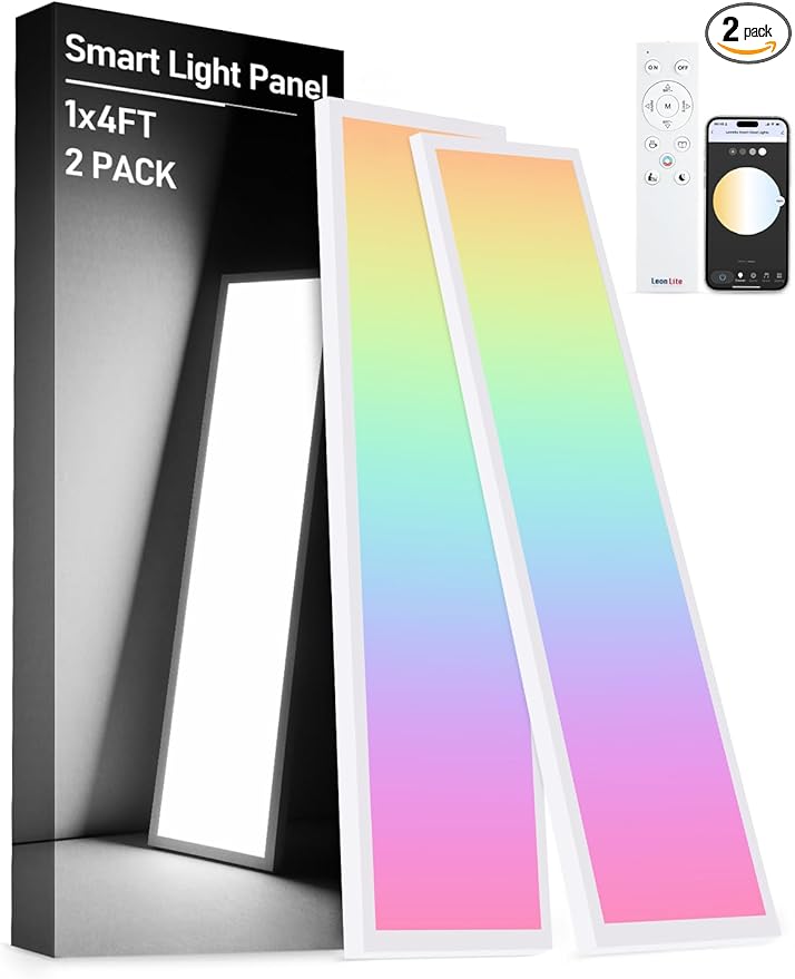 LEONLITE 1x4 FT Smart LED Ceiling Light, RGBCW Surface Mount Flat Panel Light, Christmas New Year Festival Decor, 120V 4000LM 2700K-5000K, 16 Million Multicolor, Works with Alexa, Aluminum, Pack of 2