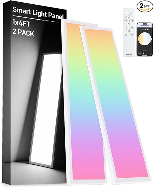 LEONLITE 1x4 FT Smart LED Ceiling Light, RGBCW Surface Mount Flat Panel Light, Christmas New Year Festival Decor, 120V 4000LM 2700K-5000K, 16 Million Multicolor, Works with Alexa, Aluminum, Pack of 2