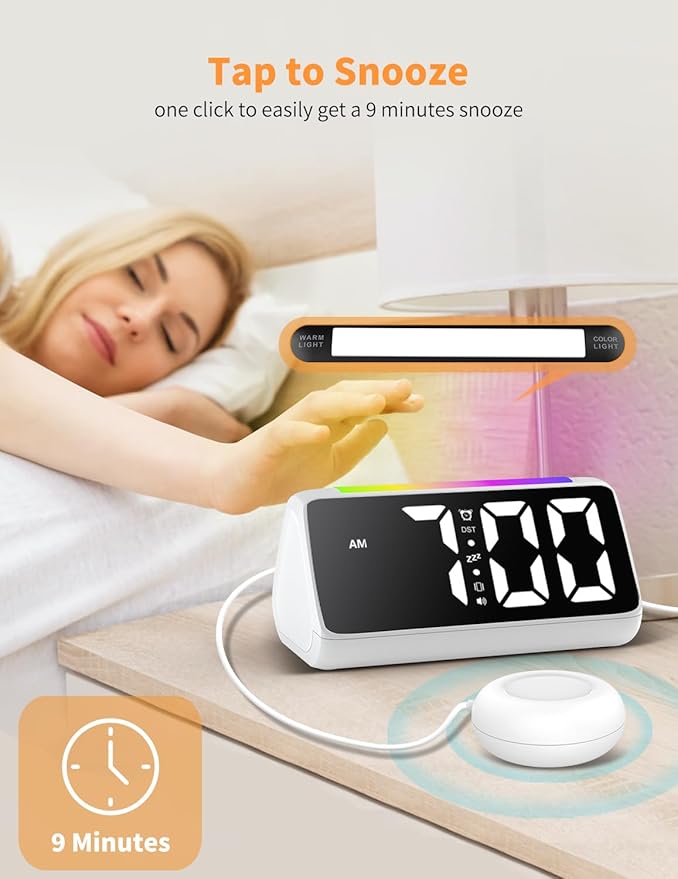 Netzu Alarm Clocks for Bedrooms Heavy Sleepers, Vibrating Alarm Clock with Bed Shaker, Night Light, RGB Display, Dimmer, Snooze for Hearing Impaired People (White)