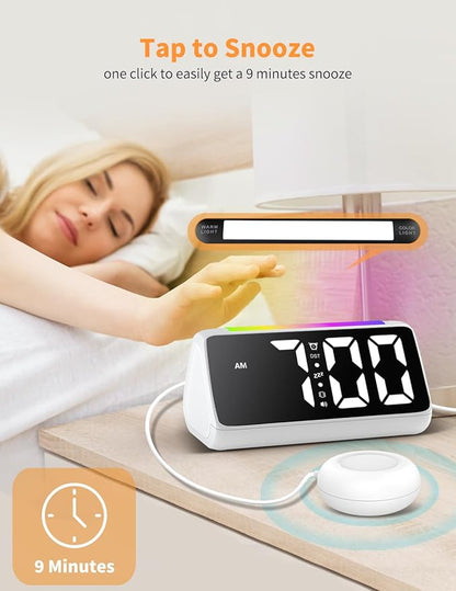 Netzu Alarm Clocks for Bedrooms Heavy Sleepers, Vibrating Alarm Clock with Bed Shaker, Night Light, RGB Display, Dimmer, Snooze for Hearing Impaired People (White)