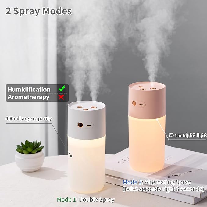 HODEMI Portable Small Humidifier - Cold Mist Humidifiers with Water Shortage Protection, Warm Night Light, Recharge Dual Nozzle Mini Humidifier for Bedroom, Plants, Office, and Car (Pink)