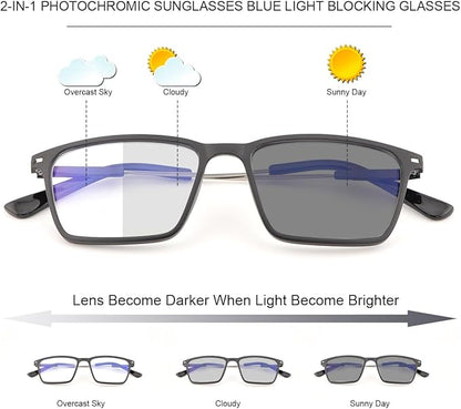 YIMI Blue Light Blocking Glasses Photochromic Gray Sunglasses for Men and Women Day Night Gaming TV Phones Computer Eyeglasses UV Protection Anti Glare Shade Lightweight Eyewear Full Frame Spectacles