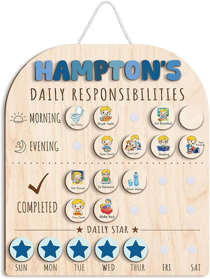 Personalized Wooden Chore Chart for Kids 15x17", Visual Schedule, Routine Chart for Kids, Morning Bedtime Routine Chart for Toddlers Ages 2-4, Daily Kids Schedule Board for Home (12)