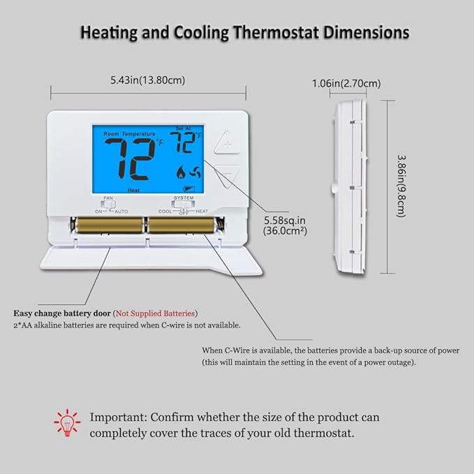 Thermostat for House Non-Programmable Single-Stage Systems,1 Heat / 1 Cool,Easy DIY Install,Blue Backlight