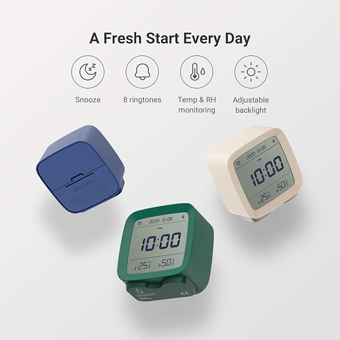 qingping Smart Bluetooth Digital Alarm Clock with Multiple Alarms, Battery Operated Small Alarm Clock with Temperature and Humidity Display for Bedroom, Easy Settings Through app
