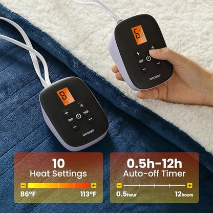 WOOMER Electric Blanket Queen Size 84" x 90", Heated Blanket with 0.5-12 Hours Timer & 10 Heating Levels, ETL Certified, Navy Blue Velvet & White Sherpa, Machine Washable