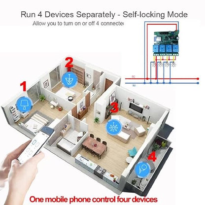 4 Channel Smart WiFi RF Bluetooth Wireless Dry Contact Relay Switch Module,Phone app Remote Control,Compatible with Alexa Google Home (Tuya 4CH 5V AC/DC7-32V)