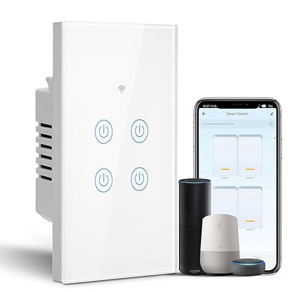 BSEED Smart Light Switch, 4 Gang WiFi Alexa Light Switch with Remote APP Control and Timing Function, Single Pole White Light Switches Work with Alexa, Google Assistant, Voice Control, Group Control