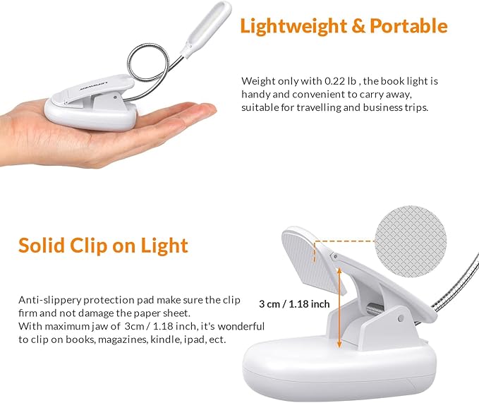 LEPOWER Clip on Book Light/Reading Light/Clip Light with 5 LED Eye Care, 3 Color Changeable, Portable Reading Lamp, Battery Operated, Bed Lights for Kids, Bookworms, Students(White)