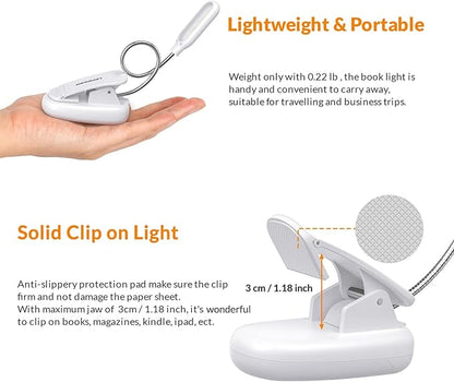 LEPOWER Clip on Book Light/Reading Light/Clip Light with 5 LED Eye Care, 3 Color Changeable, Portable Reading Lamp, Battery Operated, Bed Lights for Kids, Bookworms, Students(White)