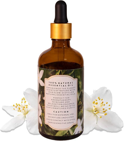 Luxurious Jasmine Essential Oil | Slow Distilled & Exotic| for Home,Diffusers,Skin & Hair Care,Aromatherapy,Bath,Perfume,Soap & Candle Making|with Glass Dropper| 3.38 fl oz (100 ml)