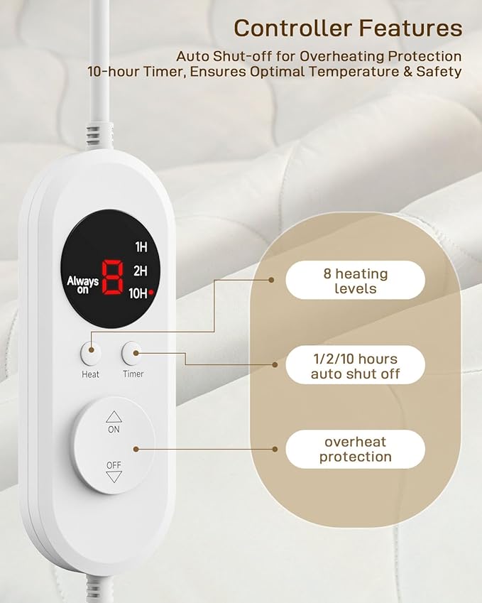 Heated Mattress Pad Twin Size - Electric Mattress Pad, Soft Blanket, Bed Warmer Heater Sheets, 8 Heating Settings,1/2/10 Hours Auto Shut Off, Overheat Protection, 39" x 75" Ellipse White
