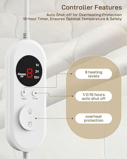 Heated Mattress Pad Calking Size - Electric Mattress Pad with Dual Control, Soft Blanket, Bed Warmer Heater Sheets, 8 Heating Settings,1/2/10 Hours Auto Shut Off, 72" x84" Ellipse White