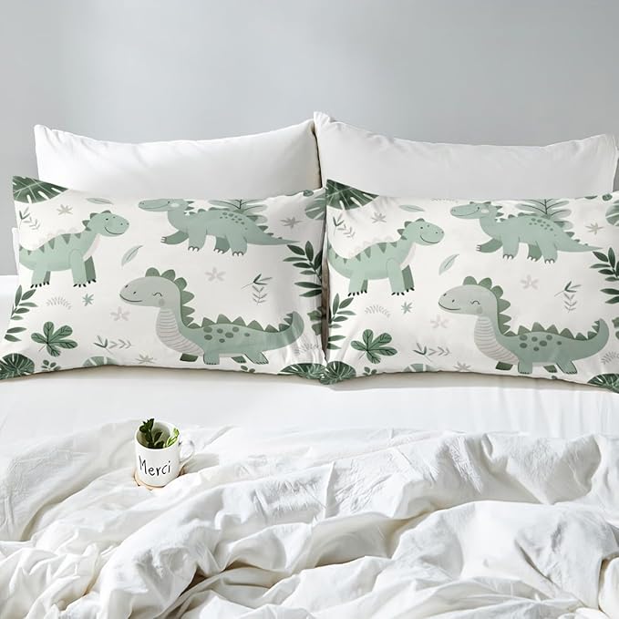 Cartoon Dinosaur Kids Fitted Sheet Queen Size,Palm Leaves Tropical Plants Botanical Bedding Set,Boys Girls Room Decor,Cute Dinosaur Retro Animals Bed Cover,Green Bed Sheet,2 Pillowcases