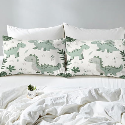 Cartoon Dinosaur Kids Fitted Sheet Twin Size,Palm Leaves Tropical Plants Botanical Bedding Set,Boys Girls Room Decor,Cute Dinosaur Retro Animals Bed Cover,Green Bed Sheet,1 Pillowcase