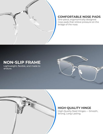 Blue Light Glasses Men Rectangle Large Browline Computer Gaming Glasses Blue Blocker Anti-Glare UV400 Protection Clear Lens