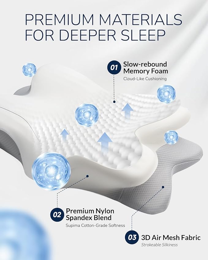 Cervical Neck Pillow for Side & Back Sleepers, Ergonomic Memory Foam Pillow for Sleep Apnea, Neck Pain Relief, Neck Support Pillow with Washable Pillowcase