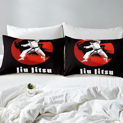 Manfei Jiujitsu Fitted Sheet Full Size, Japanese Style Sports Bedding Set 3pcs, Judo Sports Theme Bed Cover with 2 Pillowcases, Kids Boys Teens Adults Room Decor, Soft Bedding(No Top Sheet)