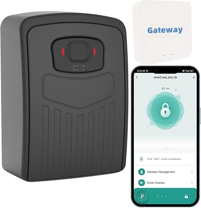 Fingerprint Smart Key Lock Box for Outside, Remote Access Wireless Key Box Operate on iOS/Android APP with WiFi Gateway, Large Capacity Bluetooth Safe Box