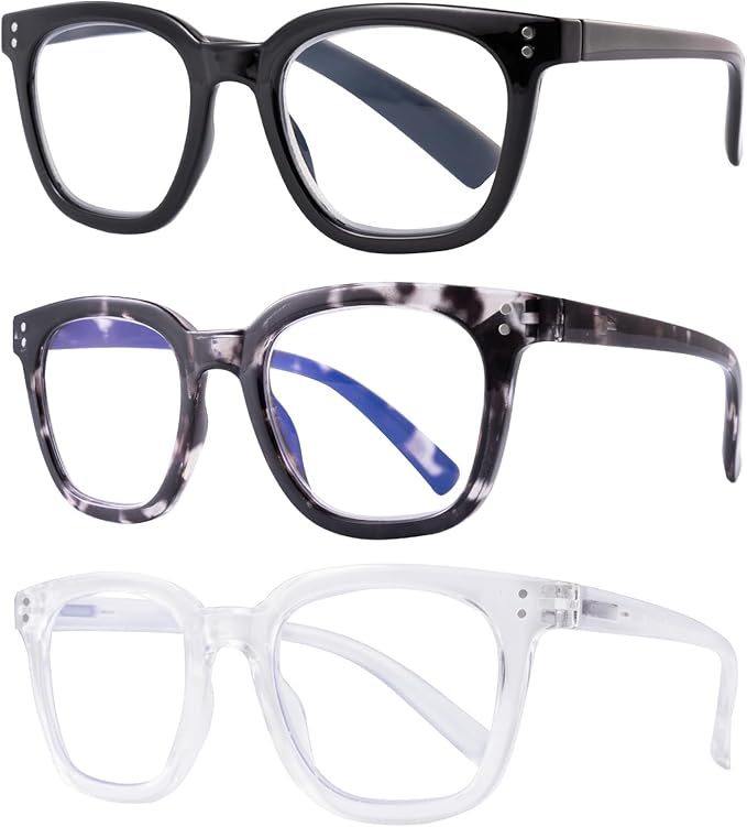 3 Pack Reading Glasses for Men Women Blue Light Blocking with Spring Hinge, Blocking Readers Anti UV Ray Filter Eyeglasses, Square Computer Reader Glasses, Black, +1.0