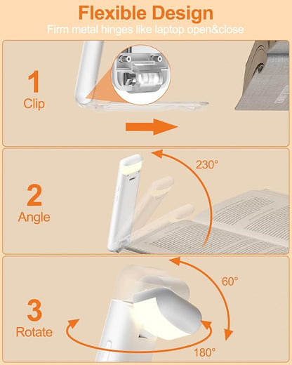 Reading Light,Rechargeable Book Light for Reading in Bed,Upgraded Portable Clip-on LED Bookmark Lamp with Damping Hinge,Long Lasting,3 Colors&5 Brightness&Timer for Book Lovers,Kids(White)