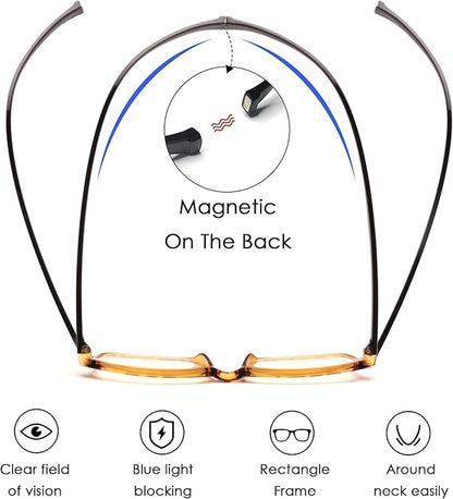 JM 2 Pack Magnetic Reading Glasses for Men Women, Hang Neck Blue Light Blocking Computer Readers Tortoise & Clear +3.5