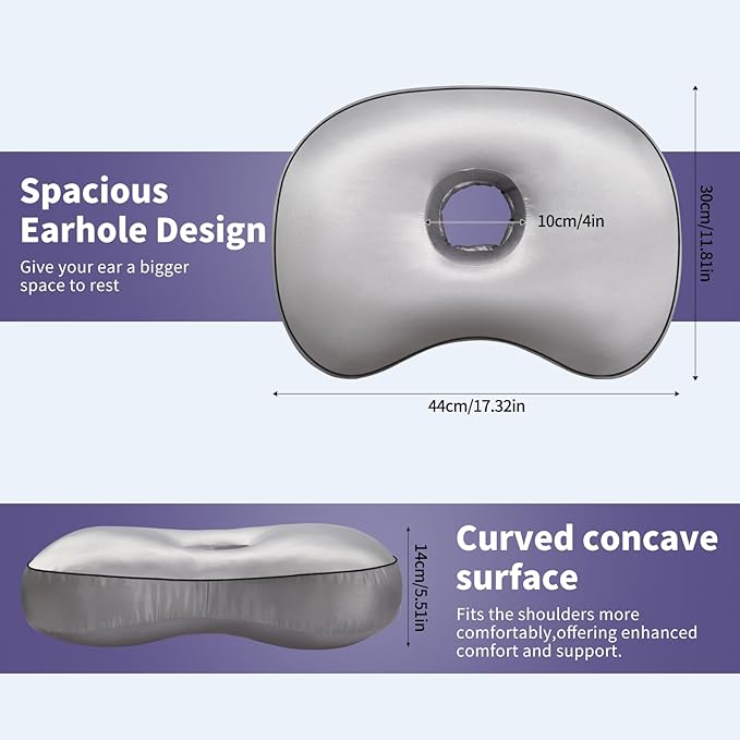 Gray Orthopedic Ear Piercing Pillow - Side Sleeper Support with 3.5" Ear Hole Relief, Hypoallergenic Pillow for Healing Piercings