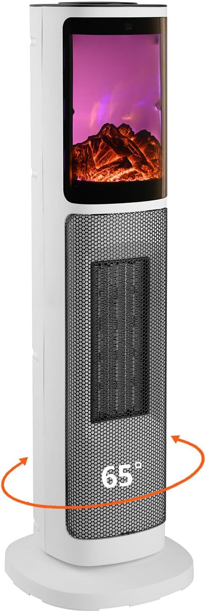 750W/1500W Ceramic Tower Space Heater with 3D Flame, Electric Heater with 65° Oscillation, Adjustable Thermostat and Remote Control, 12H Timer, Overheat Protection for Bedroom Office
