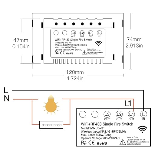 MOES Touch Wall Single Live Wire Smart Switch，No Neutral Wire Needed, 2.4GHz WiFi RF433 Light Switch Works with Smart Life/Tuya App, Alexa and Google Home, Single Pole 110V, Black 1 Gang