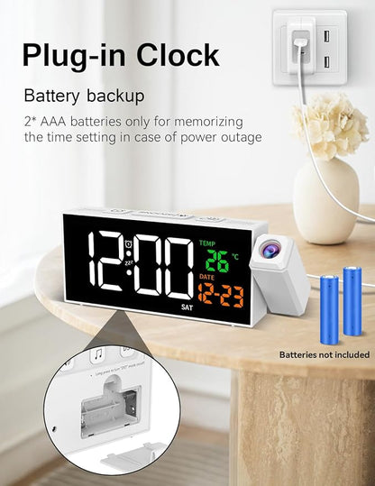 Netzu Projection Clock for Bedroom Ceiling, Alarm Clocks with 180° Rotatable Projector, Date Temperature and Weekday, Manual DST, 5 Brightness, 10 Ringtones, 4 Volumes (White RGB)