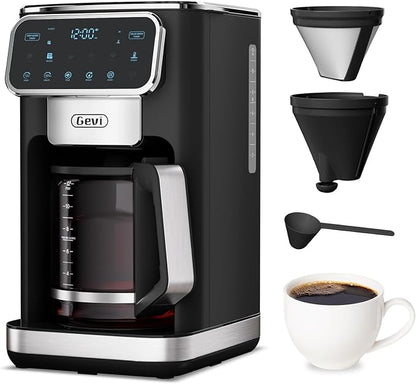 Gevi 12-Cup Programmable Coffee Maker with Touchscreen, Strong Brew & Iced Coffee Options, Auto Shut-Off, 4-Hour Keep Warm, Glass Carafe, Anti-Drip System, Permanent Filter Included