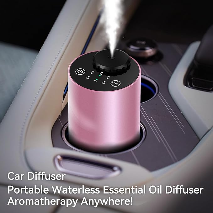 Waterless Essential Oil Diffuser Battery Operated Cordless Aromatherapy Diffuser with Timing & 3 Mist Levels car Diffuser，Black Aluminum Alloy (Pink)