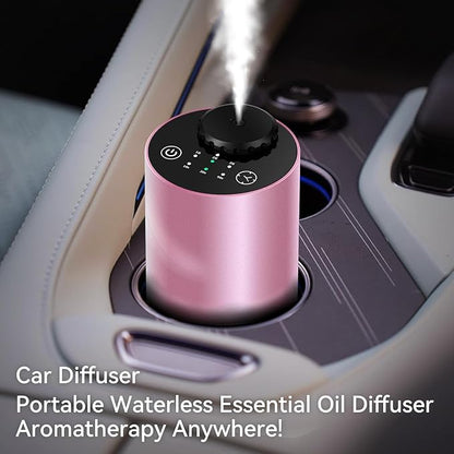 Waterless Essential Oil Diffuser Battery Operated Cordless Aromatherapy Diffuser with Timing & 3 Mist Levels car Diffuser，Black Aluminum Alloy (Pink)