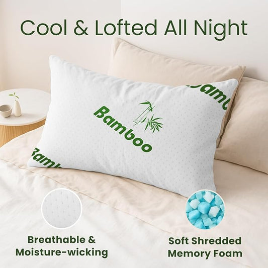 Memory Foam Pillows Queen Size Set of 2 - Cooling Bed Pillows for Sleeping - Back, Stomach, Side Sleeper Soft, Comfy Cool Shredded - 2 Pack, Rayon Derived from Bamboo