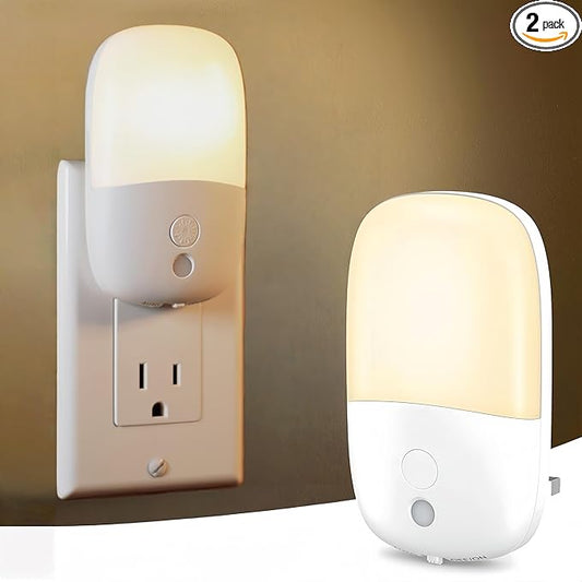 Dimmable Night Light Plug in with On/Off Switch, Auto Dusk to Dawn Sensor LED Nightlights, Adjustable Brightness (Warm White) for Bathroom, Hallway, Kids Room, Stairs (2 Pack)