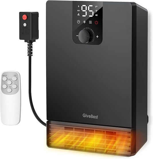 GiveBest Smart Wall Heater, 1500W Fast Heating Electric Space Heater for Indoor Use, 3 Heating Modes, Adjustable Thermostat, 24H Timer, Easy Mounted for Bedroom, Office, Home, Black