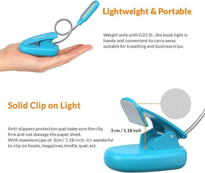 LEPOWER Clip on Book Light/Reading Light/Clip Light with 5 LED Eye Care, 3 Color Changeable, Portable Reading Lamp, Battery Operated, Bed Lights for Kids, Bookworms, Students(Blue)