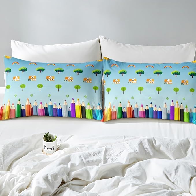 Manfei School Teal Blue Bed Sheet King Set,Colorful Lines School Learning Theme Sheet Sets Room Decoration,Cartoon Sun Rainbow Tree House Graffiti Bedding Set with Flat,Fitted Sheet,2 Pillow Cases