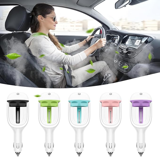 Car Mini Humidifier, Auto Shut-Off 180-Degree Rotation Small Vehicle Purifier Diffuser for Travel, Portable Plug-in Compact Automotive Air Humidifier, Universal for Most Vehicles (Pink)