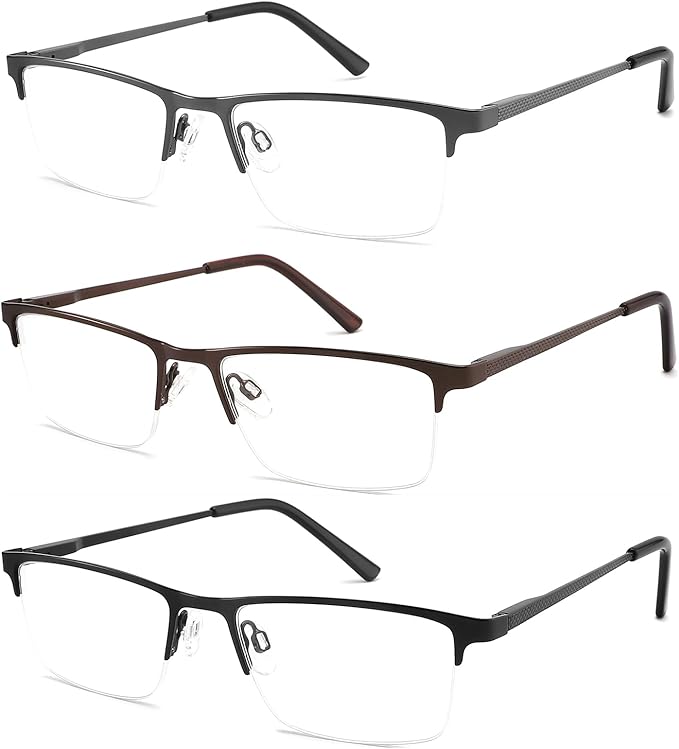 3 Pack Blue Light Blocking Reading Glasses Men Readers Anti Glare UV Metal Semi-frame Spring Hinge Lightweight Sturdy Trendy Eyeglasses 2.25+