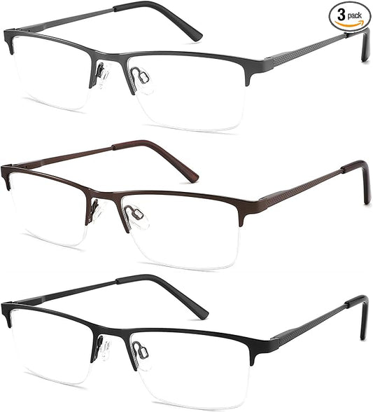 3 Pack Blue Light Blocking Reading Glasses Men Readers Anti Glare UV Metal Semi-frame Spring Hinge Lightweight Sturdy Trendy Eyeglasses 4.0+